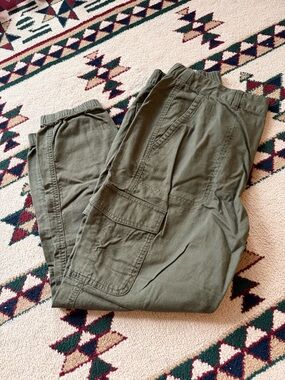 Womans Olive Green Cargo Pants - Elastic Waist Utility Trousers